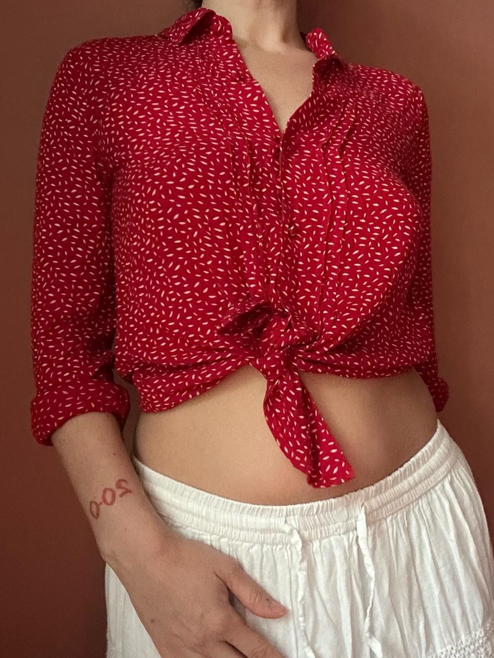 Lucky Brand red & white button-up blouse